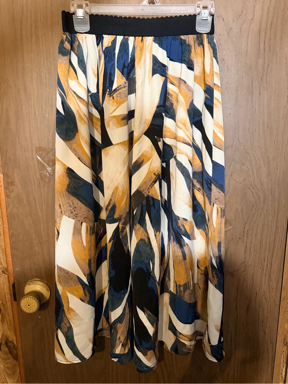 Abstract Print Midi Skirt in Navy, Mustard & Cream
